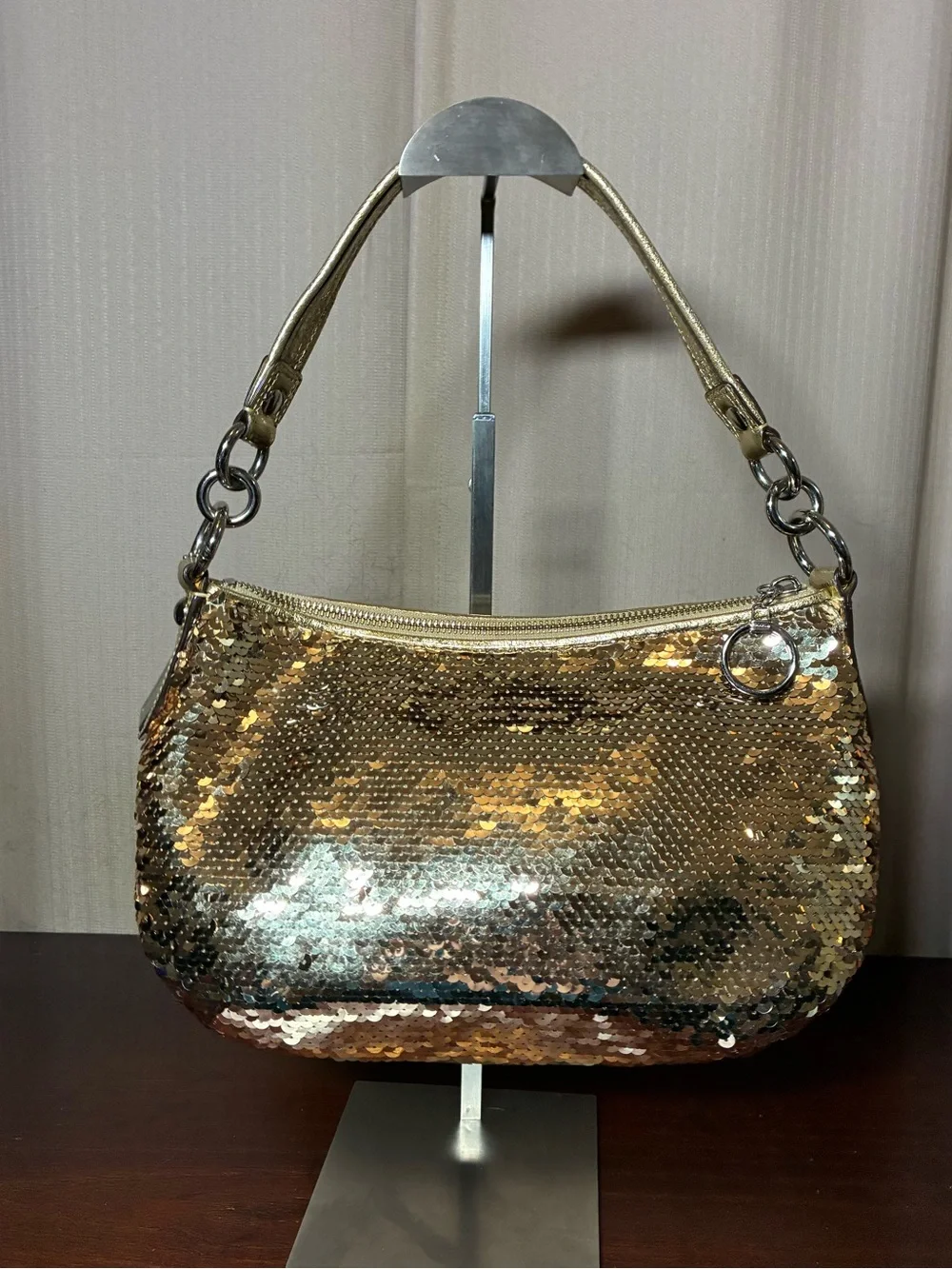Coach Poppy Gold Sequin Groovy Hobo Shoulder Bag with Disco Ball Charm